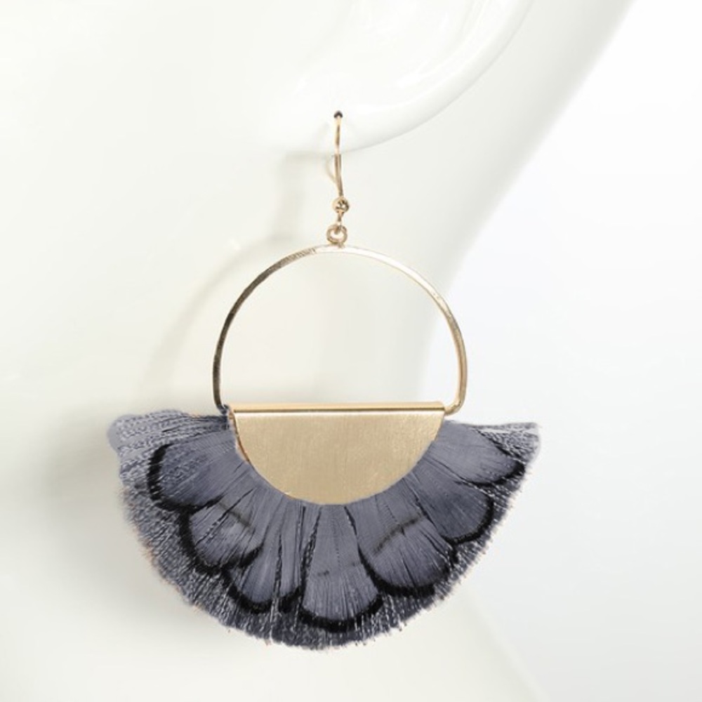 Gray Feather & Brushed Metal Statement Earrings